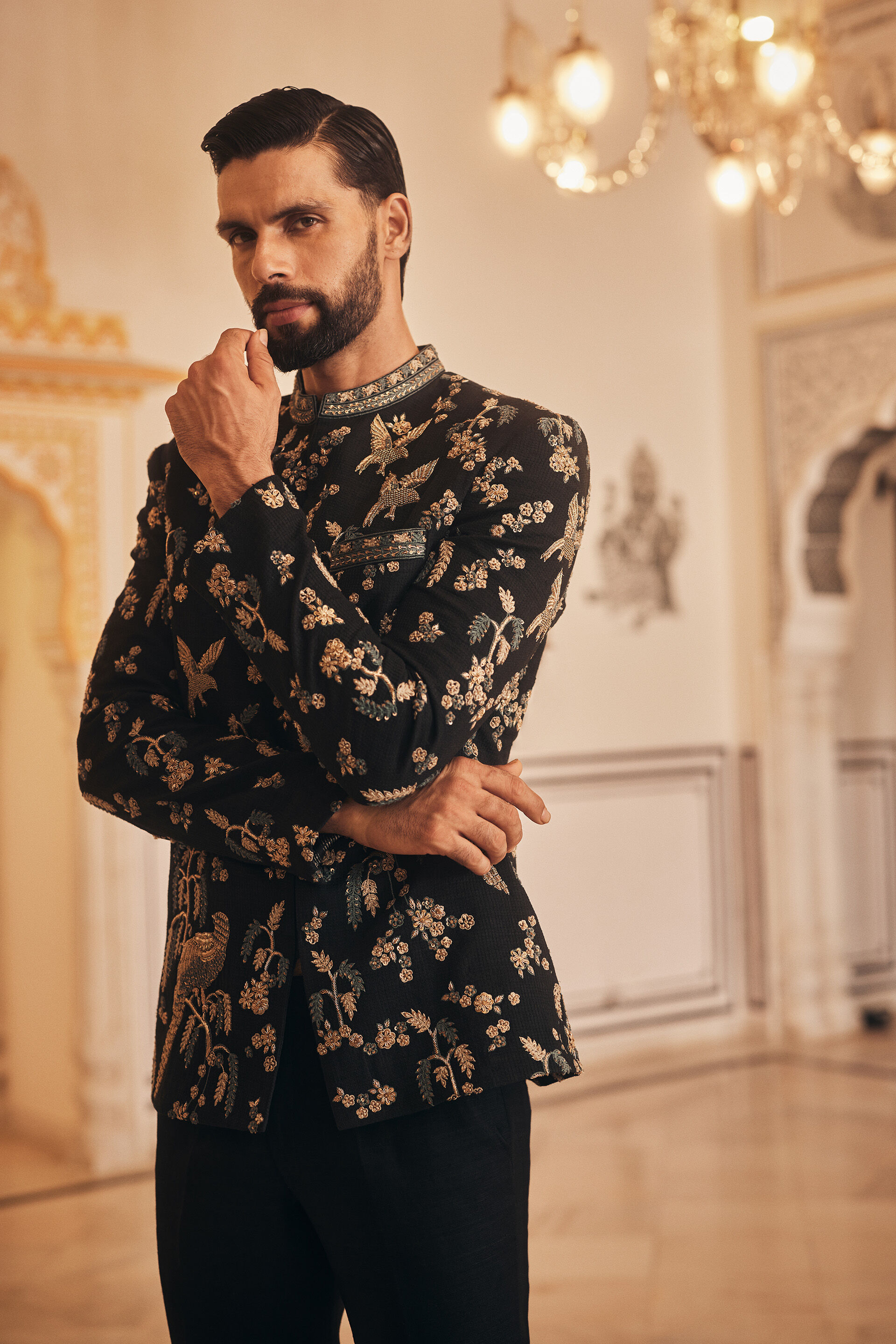 Azar Hand-embroidered Silk Bandhgala - Black, Black, image 3